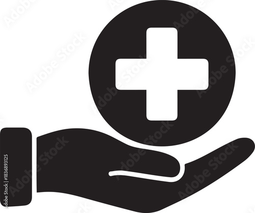 Hand Holding Medical Cross Icon. Hospital Logo Icon. Healthcare Support and Medical Insurance Silhouette. Charity and Caring Symbol.