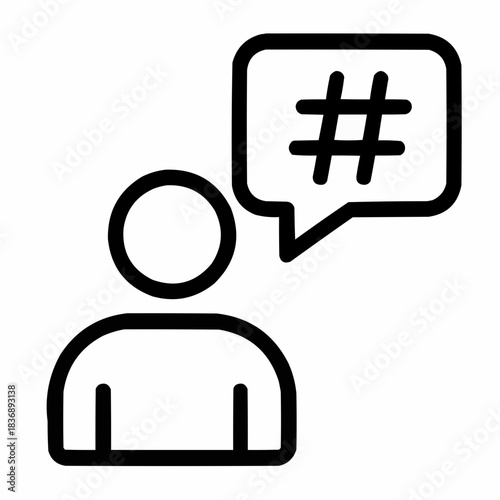 Line icon of a person with speech bubble and hashtag — influencer marketing, black on white, square minimalist style