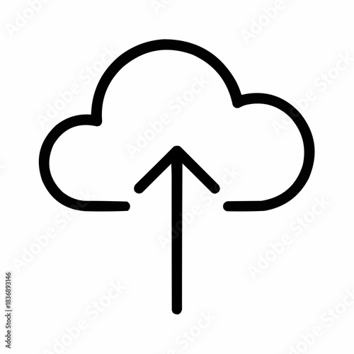 Line icon of a cloud with upward arrow — digital distribution, black on white, square minimalist style