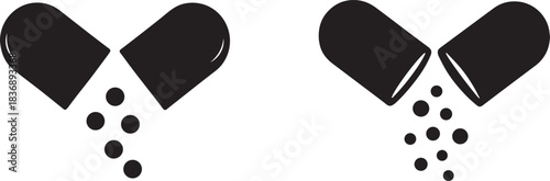 Medicine Capsule Icon.  Open Medicine Capsule Black Icon Spilling Powder. Healthcare, Dosage, and Drug Treatment Concept.  Pharmaceuticals, Health Treatment, Supplements, Pharmacy & Pill Symbols.
