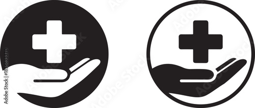 Medical cross in hand icon set. Hospital Logo Icon. Healthcare and insurance vector symbols. Black circle Charity and Caring Symbol with negative space logo.