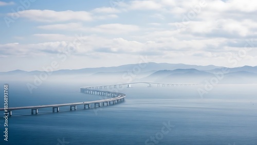 Long bridge over calm water with misty mountains in the distance.