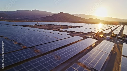 Vast solar farm with rows of photovoltaic panels under a dusky sky, capturing renewable energy in a desert landscape