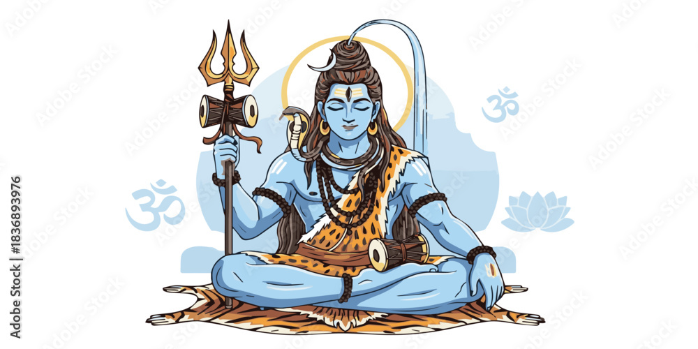 Obraz premium A refined illustration of Lord Shiva featuring clean outlines, smooth skin gradients, symbolic details such as the trident, crescent moon, and sacred aura