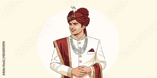 A refined illustration of an Indian groom wearing traditional ceremonial attire, featuring clean outlines, rich solid colors, and subtle fabric gradients