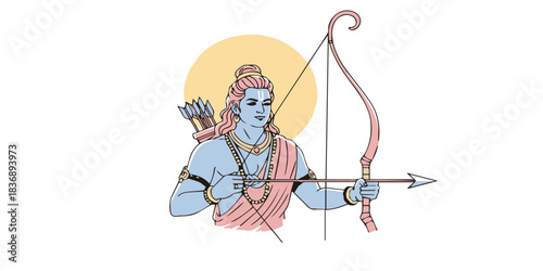A beautifully composed illustration of Lord Rama featuring smooth gradients, clean outlines, traditional attire, and the iconic bow and arrow