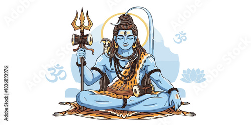 A refined illustration of Lord Shiva featuring clean outlines, smooth skin gradients, symbolic details such as the trident, crescent moon, and sacred aura