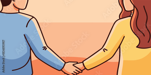 A warm and expressive illustration of a couple holding hands, featuring clean outlines, soft color fills, and subtle gradients