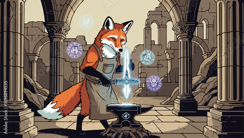 Anthropomorphic fox blacksmith forging a glowing sword on an anvil.