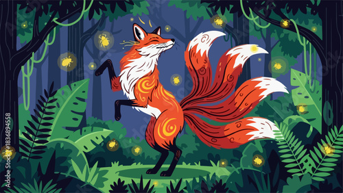 Majestic nine-tailed fox standing gracefully with intricate patterns.