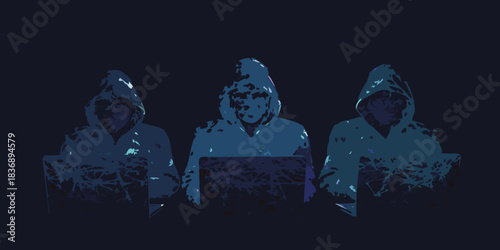 Three anonymous hackers coding in the dark cyber security concept