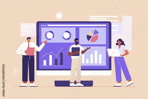 Team analyzing data on a large computer screen with charts