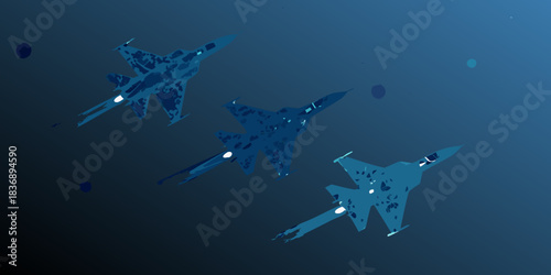 Three fighter jets flying in formation against a dark blue sky