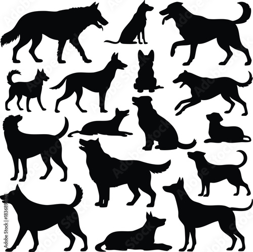 Collection of Various Dog Breed Silhouettes, Diverse Canine Poses Vector Set, Multiple Dogs in Black Silhouette, German Shepherd and Mixed Breed Dog Icons, silhouette, vector, illustration.