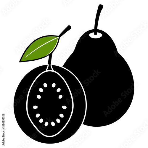 Still life photograph of two ripe guavas on a plain background