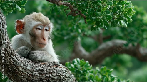A young monkey perched on a thick branch, surrounded by lush green leaves. The monkey blinks and curiously looks left and right