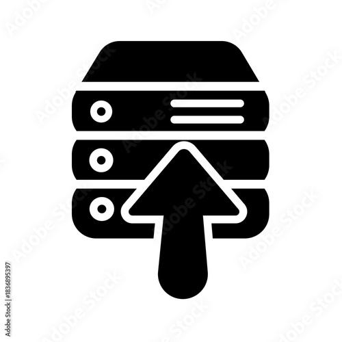 Billede på lærred A central upward arrow emerging from a server stack, depicting structured upload operations, centralized data ingestion, or controlled movement of information to higher-level systems
