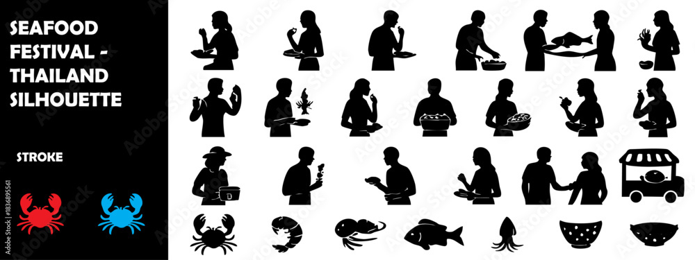 Obraz premium Seafood Festival Thailand Silhouette Vector – Coastal Food Celebration Icons