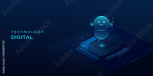 Cute robot on circuit board represents digital technology and artificial intelligence