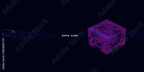 Abstract data cube visualization with network connections on dark background