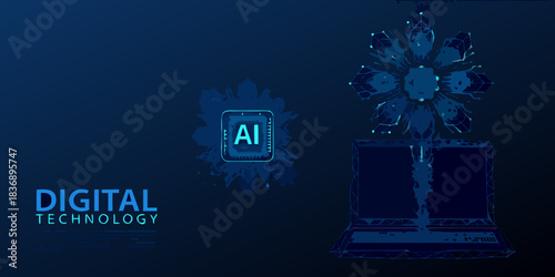 Artificial intelligence and digital technology growing from a laptop in blue