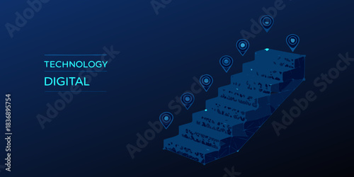 Abstract digital stairs with location pins on a dark blue background