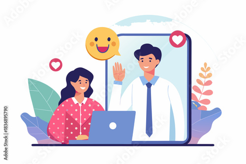 Video call communication between woman and man on mobile phone