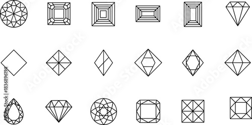 Minimalist Diamond Cut Icon Set, Vector Collection of Various Gemstone Shapes, Jewelry Stones in Outline Style, Ideal for Design, Packaging, and Branding, Black and White