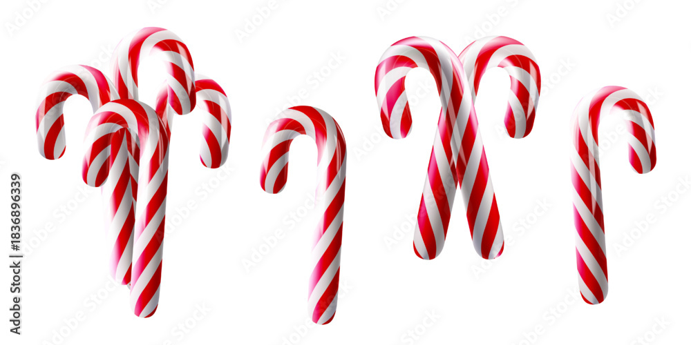 Obraz premium Candy cane 3D, fruit iced stick. Winter season caramel tasty lollipop. Red new year pattern, bent shape for xmas gift. Twisted ropes holiday dessert ribbon isolated. Sweet food set, sugar cute snack