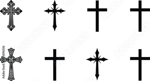Set of eight different black vector Christian cross designs, including ornate ornamental gothic and simple plain Latin crosses, symbolizing faith, religion, and spirituality