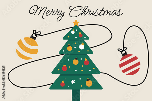 Cheerful Christmas design with a star-topped tree and colorful striped ornaments, perfect for cards or seasonal promotions.