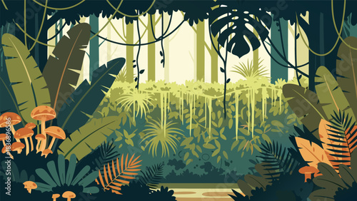 Vibrant tropical rainforest ecosystem illustration featuring dense foliage, lush exotic plants, and creeping vines creating a mystical natural landscape
