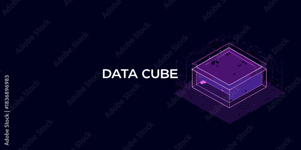 Obraz premium Abstract data cube visualization with purple and pink glow on dark background