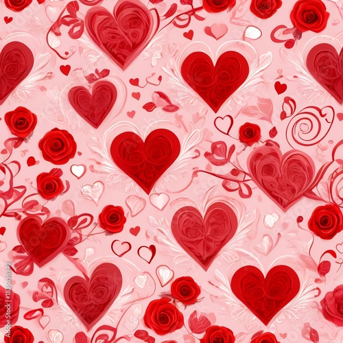 Seamless Valentine's Day pattern with romantic hearts, roses, ribbons, and elegant decorative details in soft pink and red tones.