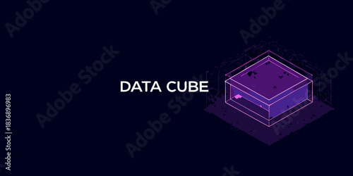 Abstract data cube visualization with purple and pink glow on dark background