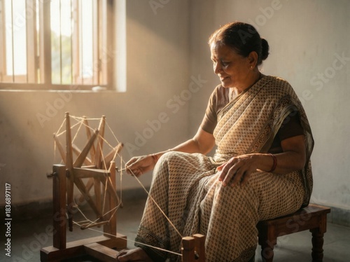 Elderly woman spinning thread on a wooden wheel near a window, capturing age-old traditions and skill.