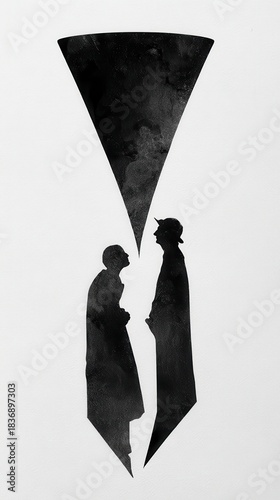 Ink Dialogue: A stark silhouette scene depicts two figures in a moment of hushed interaction, framed by an ink drop's symbolic design, with dramatic lighting