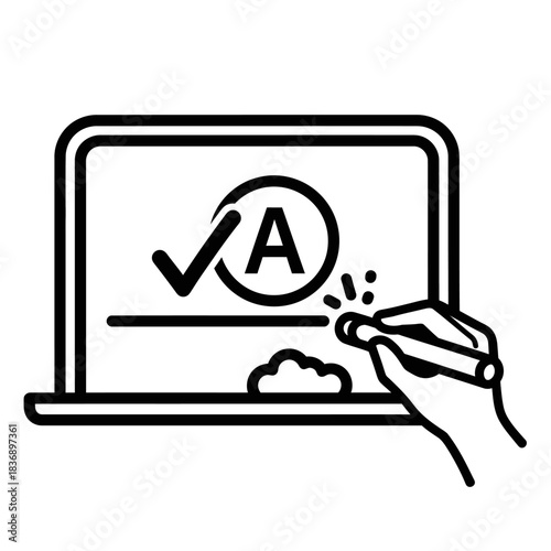 Blackboard with an A grade and a hand holding chalk.