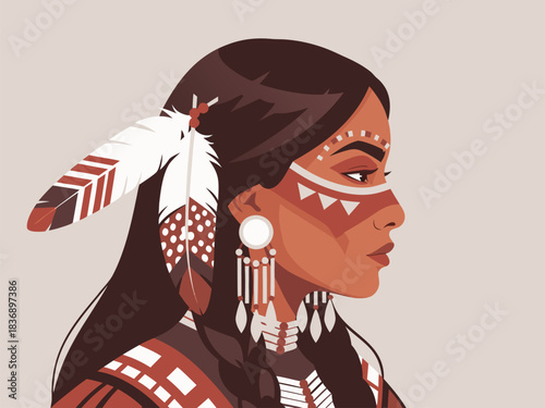 Native American Woman Profile Illustration with Feather Headdress and Traditional Face Paint