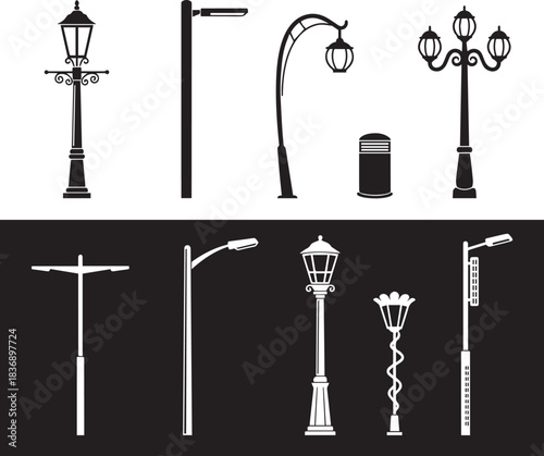 Street light collection silhouettes, Vintage Street Lamp Post Vector, sidewalk lantern, urban lighting layout