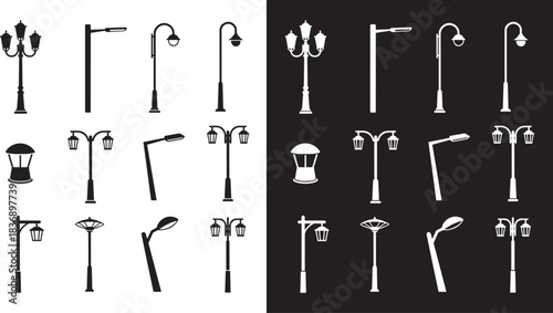 Street light collection silhouettes, Vintage Street Lamp Post Vector, sidewalk lantern, urban lighting layout
