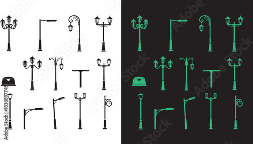 Street light collection silhouettes, Vintage Street Lamp Post Vector, sidewalk lantern, urban lighting layout