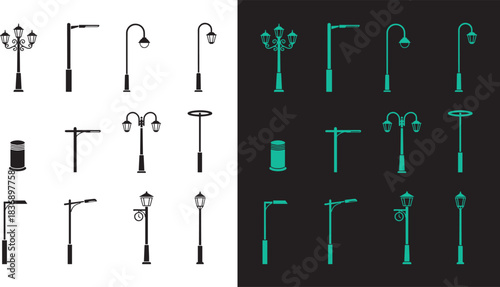 Street light collection silhouettes, Vintage Street Lamp Post Vector, sidewalk lantern, urban lighting layout