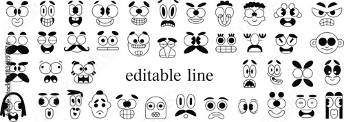 Black and White Cartoon Face Expressions Vector Set, Editable Line Art Collection of Comic Animated Heads and Characters with Different Emotions for Motion Graphics, Games, and Web Design.