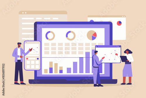 Team analyzing data and charts on multiple digital devices