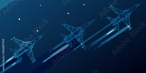 Three fighter jets flying in formation against a starry night sky