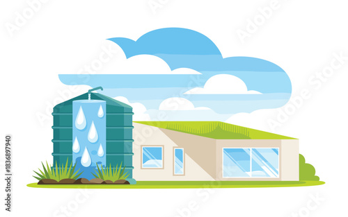 Modern sustainable house with a large water tank collecting rainwater and a green roof for environmental conservation