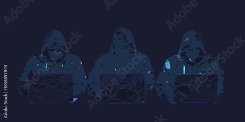 Three hooded hackers coding on laptops in the dark