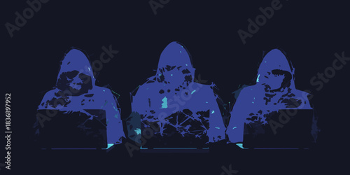 Three hooded hackers working together on laptops in the dark