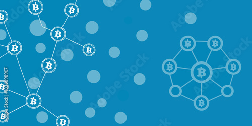 Abstract network of interconnected bitcoin symbols on a blue background with scattered circles